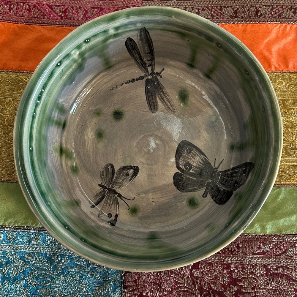 Hand Thrown Studio Pottery Dragonfly Ceramic Bowl GreyGreen Artisan Serving Bowl